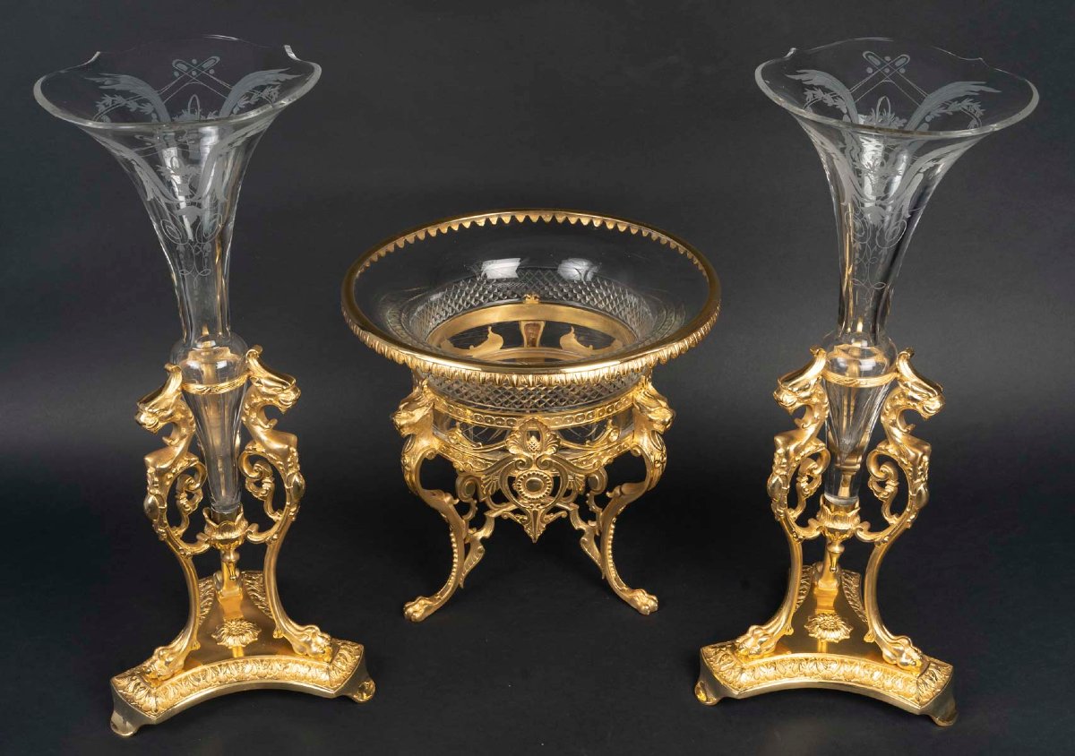 Engraved Crystal And Gilt Bronze Trim, Cup And Horns, Napoleon III Style,  19th Century.-photo-1