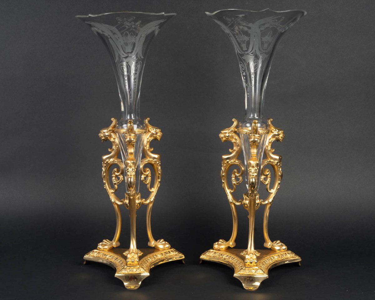 Engraved Crystal And Gilt Bronze Trim, Cup And Horns, Napoleon III Style,  19th Century.-photo-6
