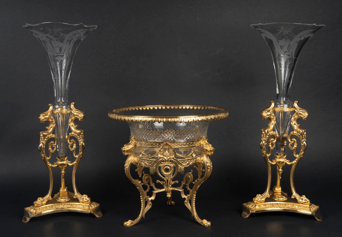 Engraved Crystal And Gilt Bronze Trim, Cup And Horns, Napoleon III Style,  19th Century.