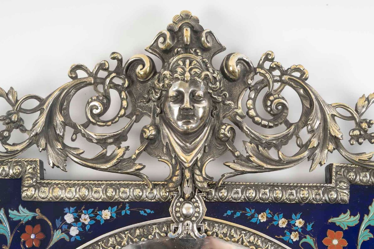 Miroir Art Nouveau en bronze et verre bleu décoré – Époque 1900-photo-3