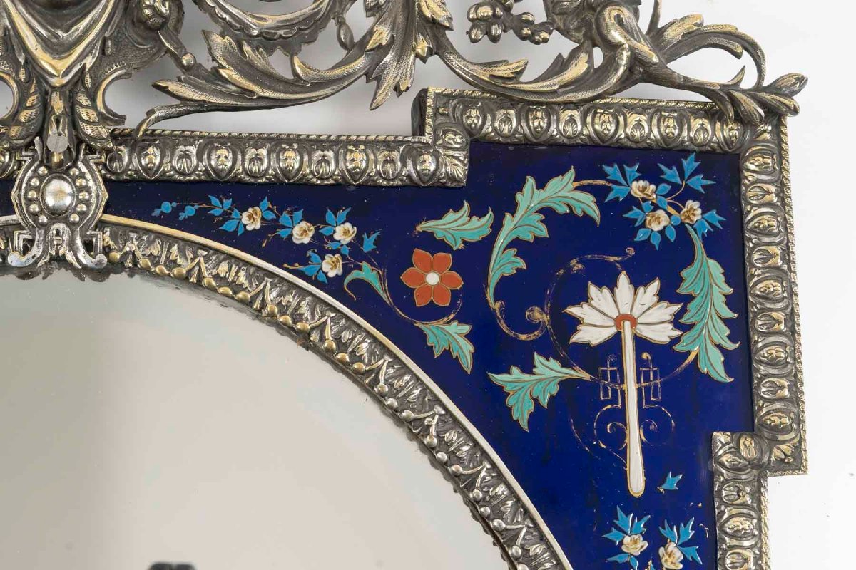 Miroir Art Nouveau en bronze et verre bleu décoré – Époque 1900-photo-4