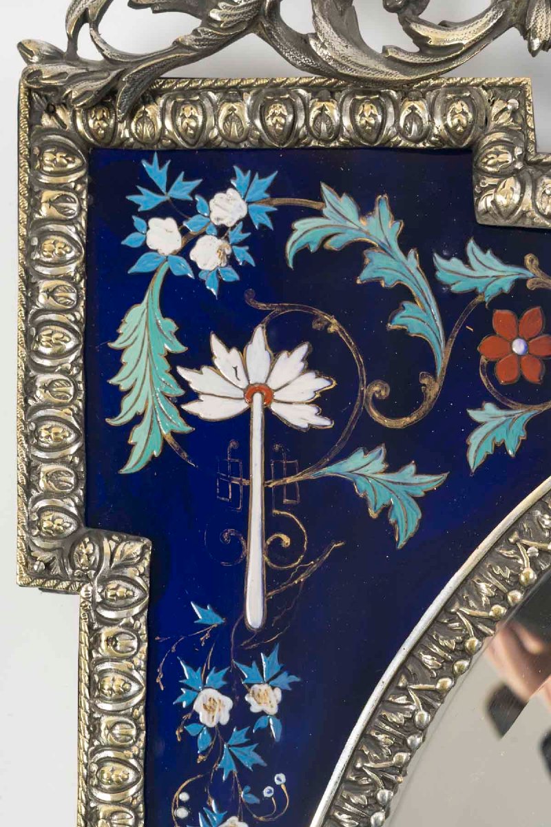 Miroir Art Nouveau en bronze et verre bleu décoré – Époque 1900-photo-1