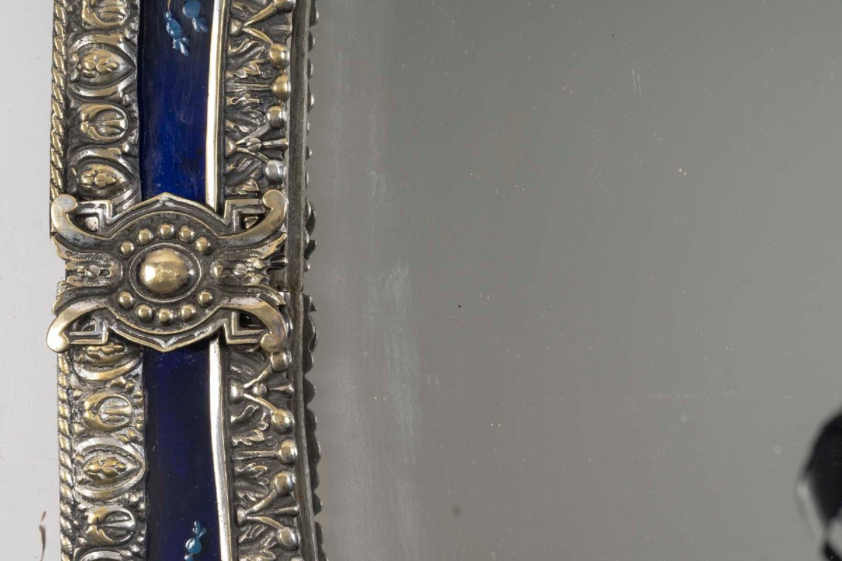 Miroir Art Nouveau en bronze et verre bleu décoré – Époque 1900-photo-2