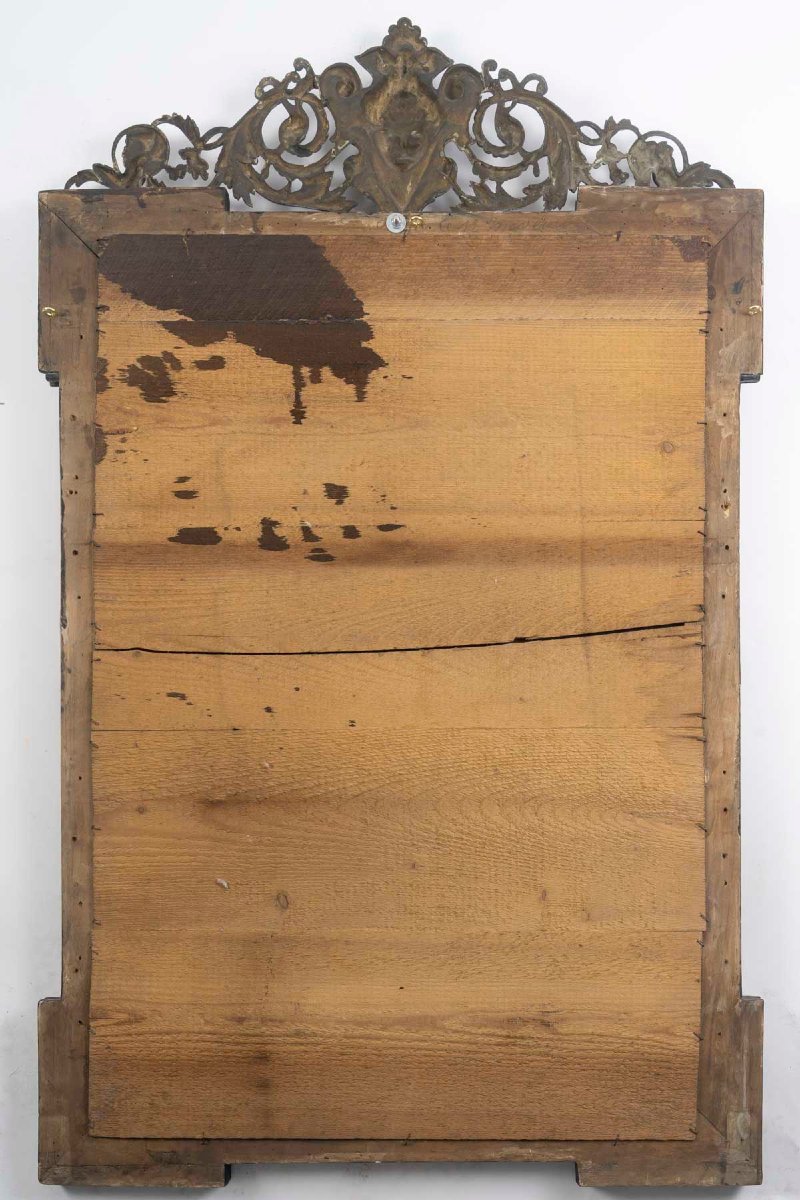 Miroir Art Nouveau en bronze et verre bleu décoré – Époque 1900-photo-3