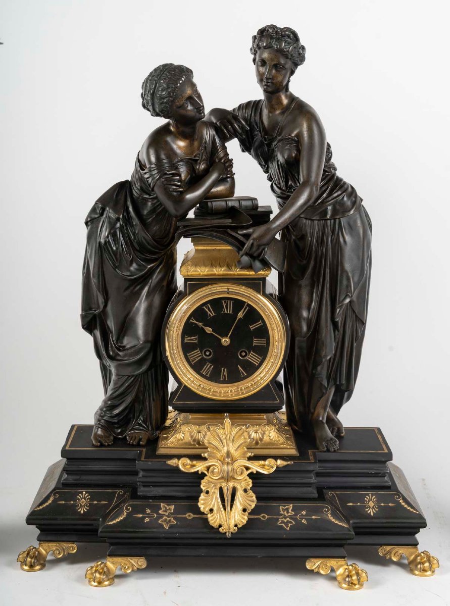 Garniture de cheminée en bronze patiné et marbre noir – XIXe siècle-photo-2