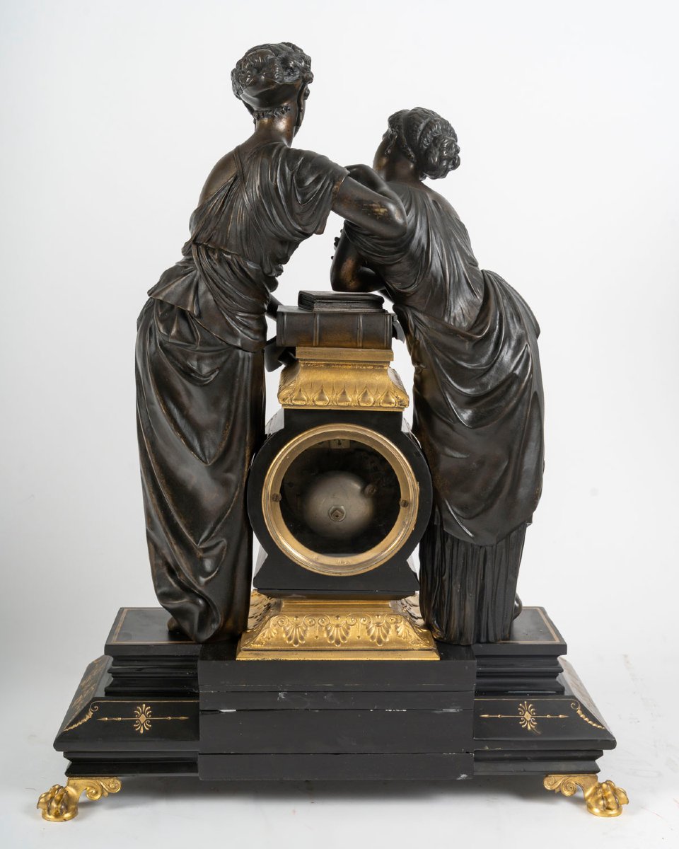 Garniture de cheminée en bronze patiné et marbre noir – XIXe siècle-photo-3