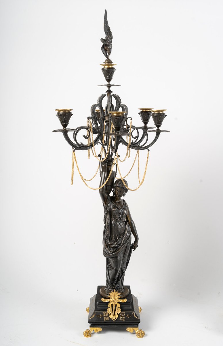 Garniture de cheminée en bronze patiné et marbre noir – XIXe siècle-photo-4