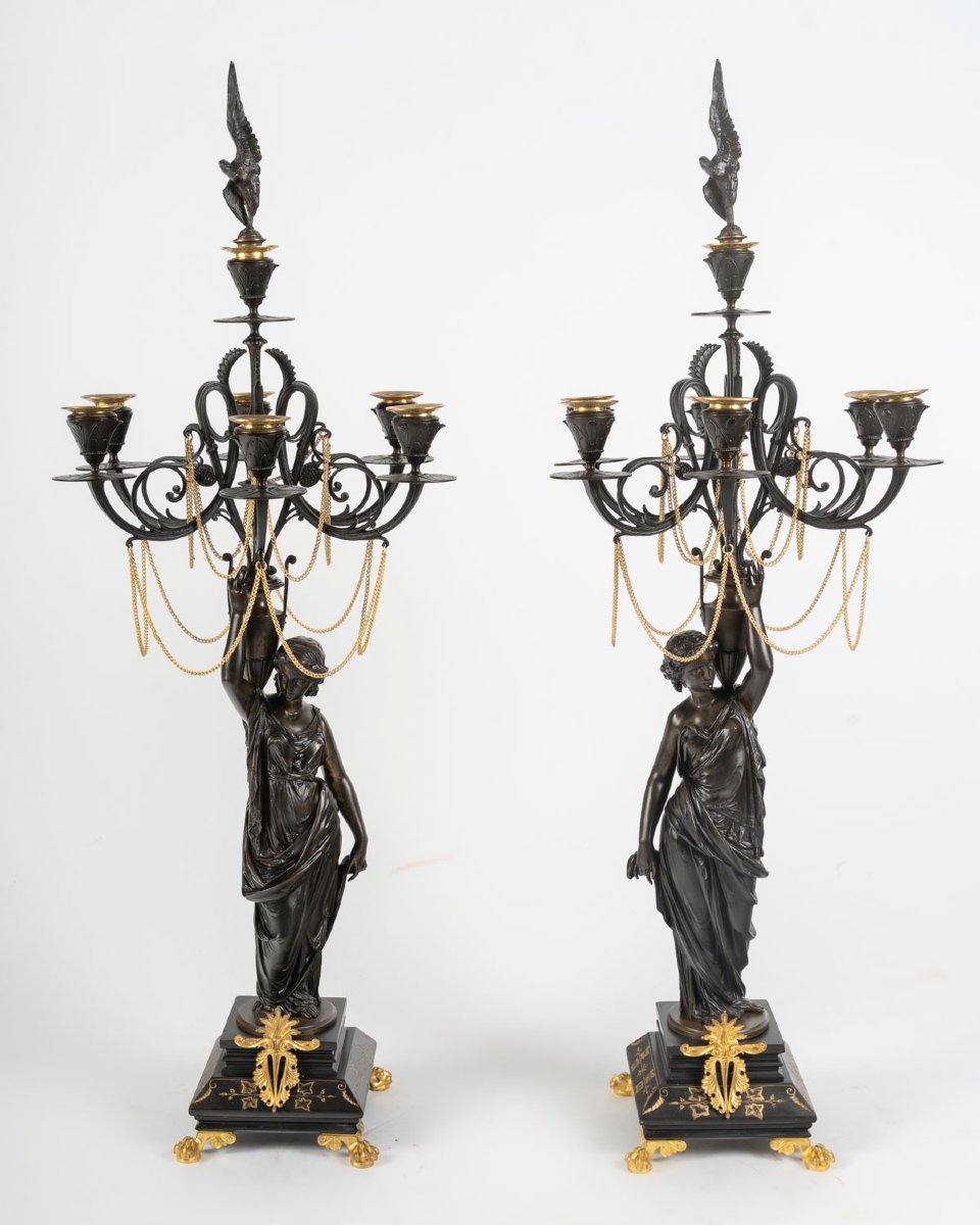 Garniture de cheminée en bronze patiné et marbre noir – XIXe siècle-photo-1