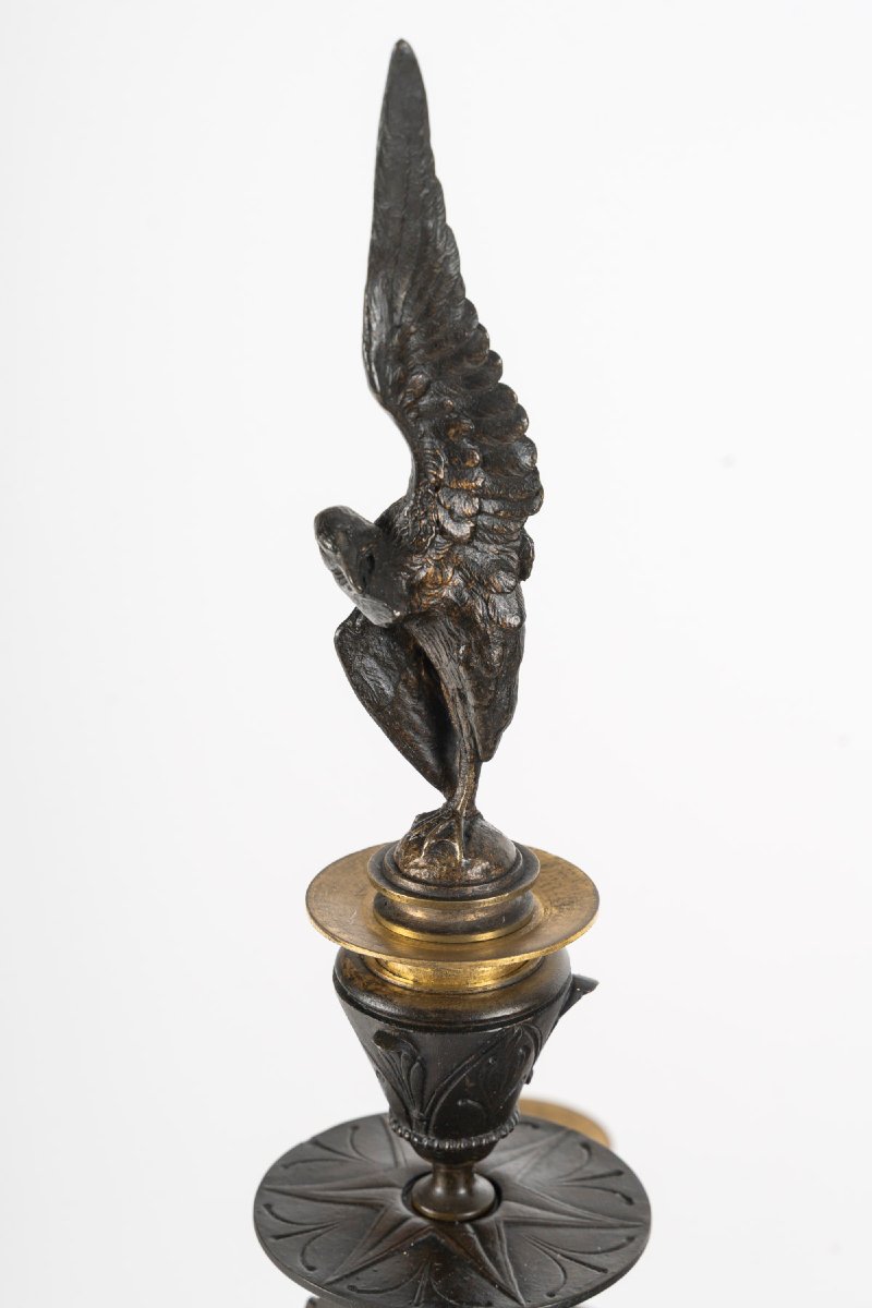 Garniture de cheminée en bronze patiné et marbre noir – XIXe siècle-photo-3