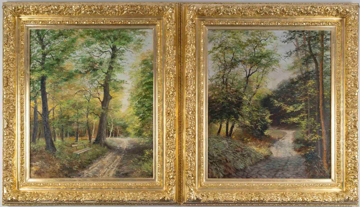 Paire de paysages animés – Huiles sur toile signées J. L’Huillier, XIXe siècle 