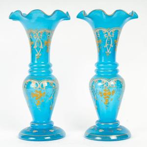 Pair Of Blue Opaline Vases, 19th Century