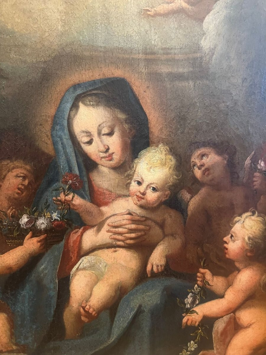 Nativité - Vierge à l'Enfant avec Joseph entourés d'enfants et d'anges, Huile sur toile, début -photo-2