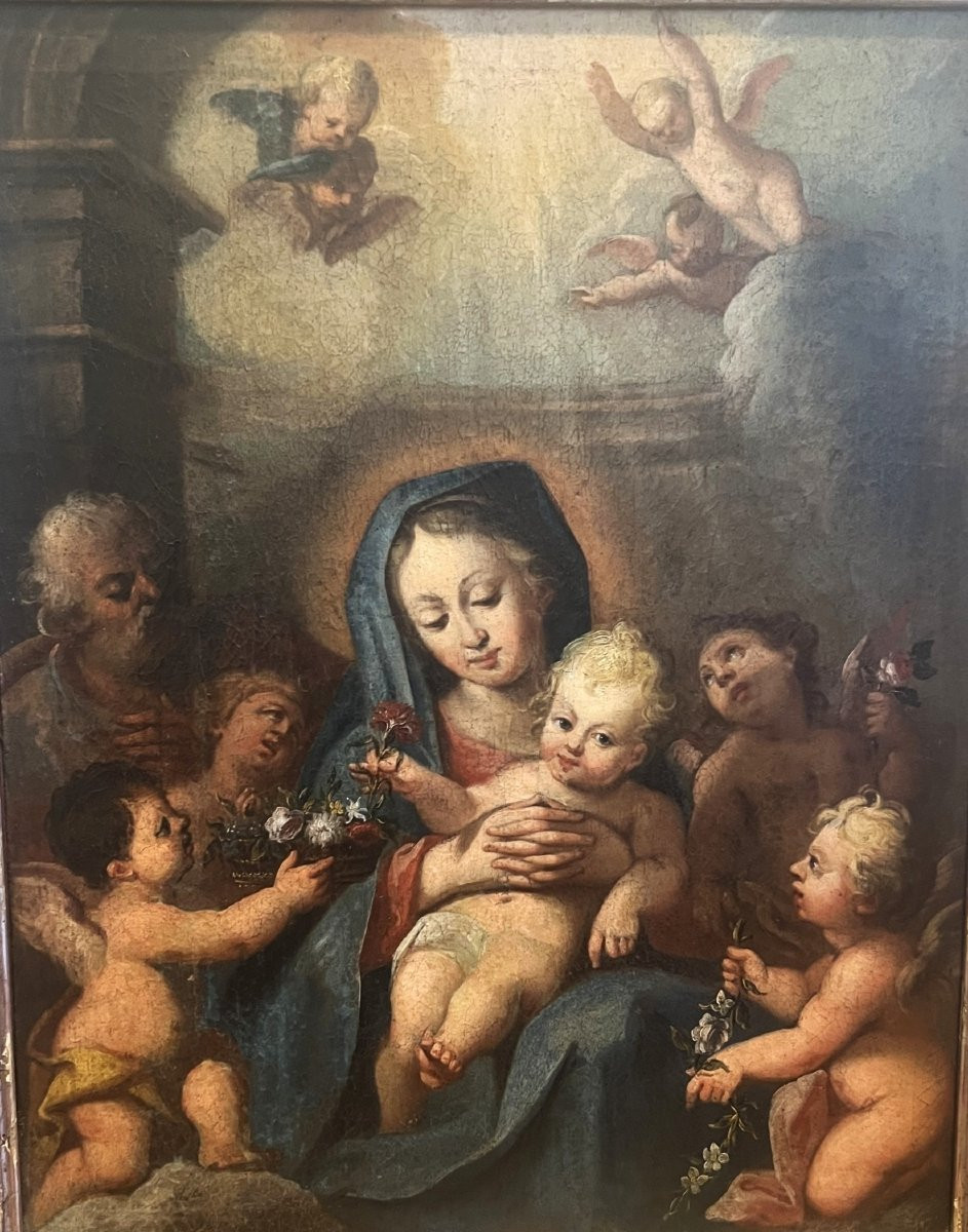 Nativité - Vierge à l'Enfant avec Joseph entourés d'enfants et d'anges, Huile sur toile, début -photo-3