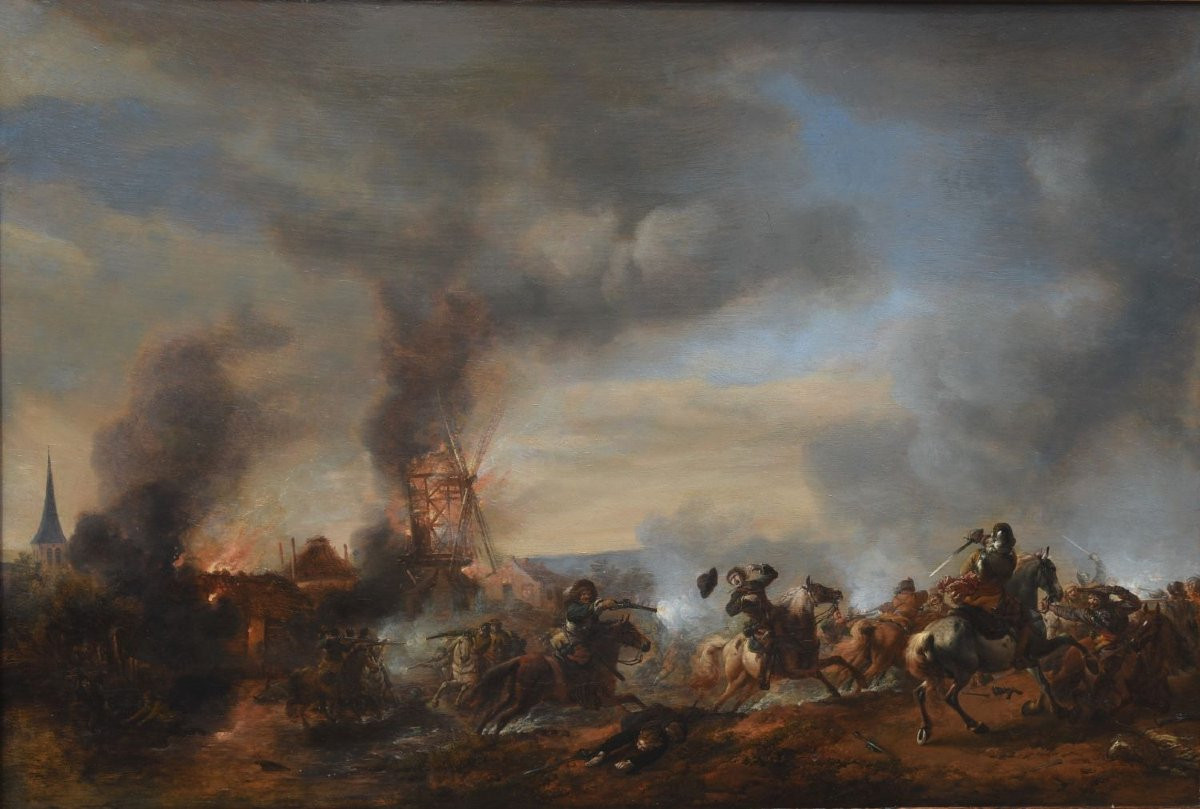 A Cavalry Charge Against A Burning Windmill – Philips Wouwerman, 17th Century-photo-2