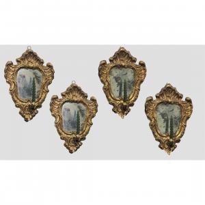 Four Old Small Louis XIV Mirrors (fans) In Papier Machè