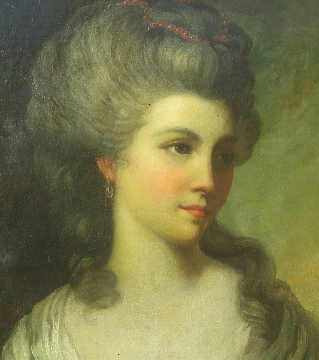 Portrait Of A Woman Late 18th Century, English School, Oil On Canvas In Its Golden Wood Frame-photo-2