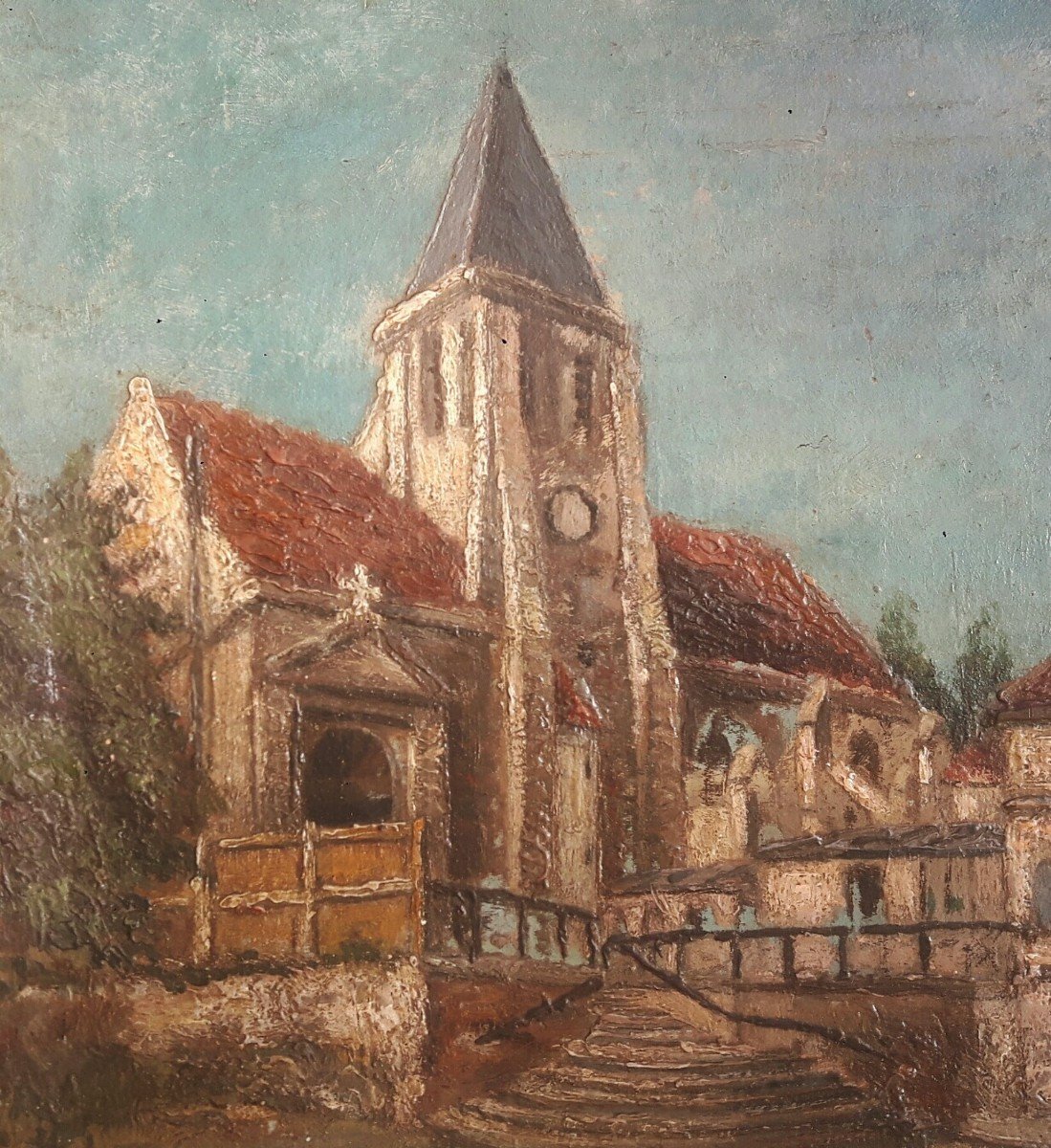 Landscape Painting View Of The Saint Germain De Charonne Church In Paris - Oil On Canvas Cardboard-photo-3