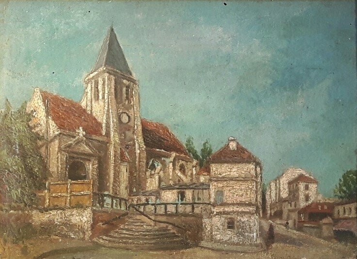 Landscape Painting View Of The Saint Germain De Charonne Church In Paris - Oil On Canvas Cardboard-photo-1