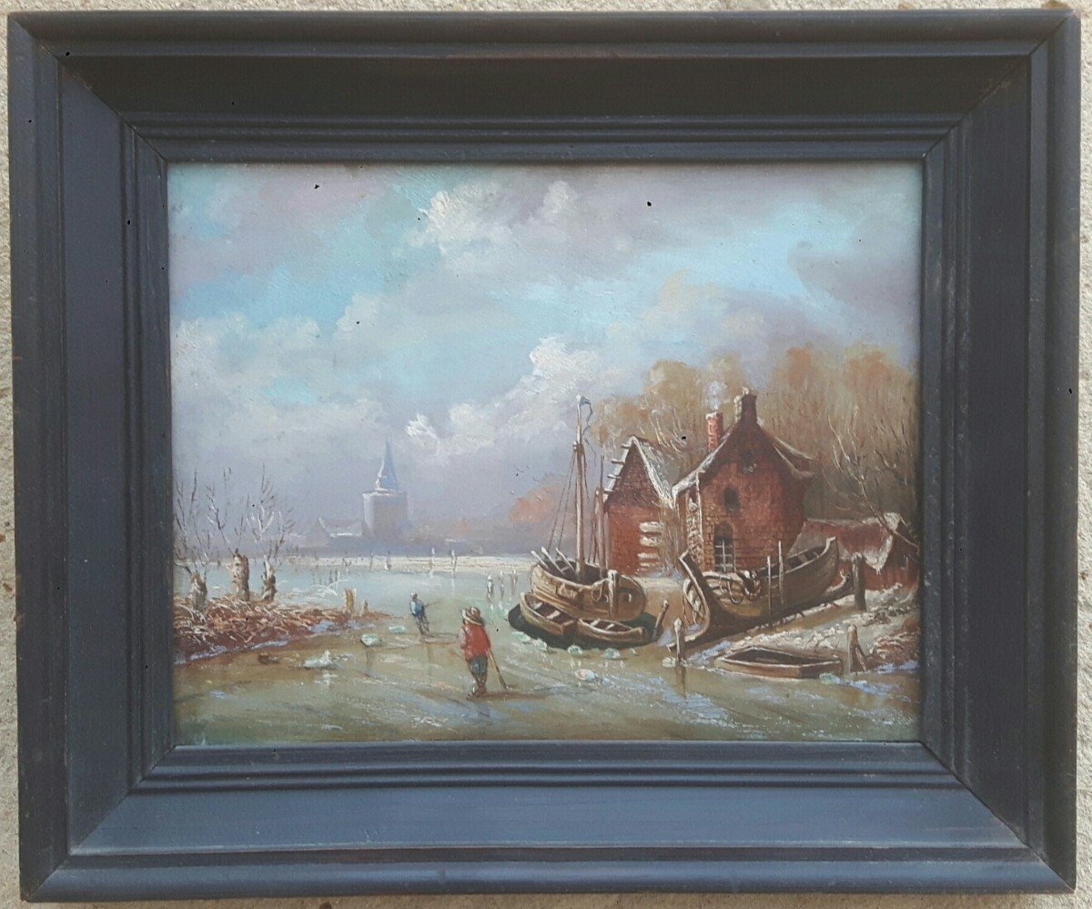 Tableau école flamande XIX° Siècle - Paysage aux patineurs