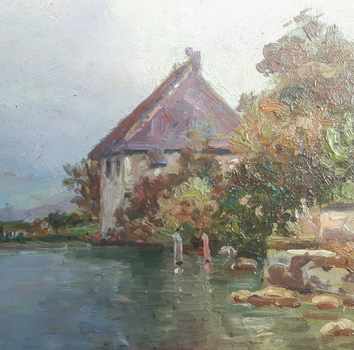 Tableau paysage XX° Siècle - Bord de lac-photo-2