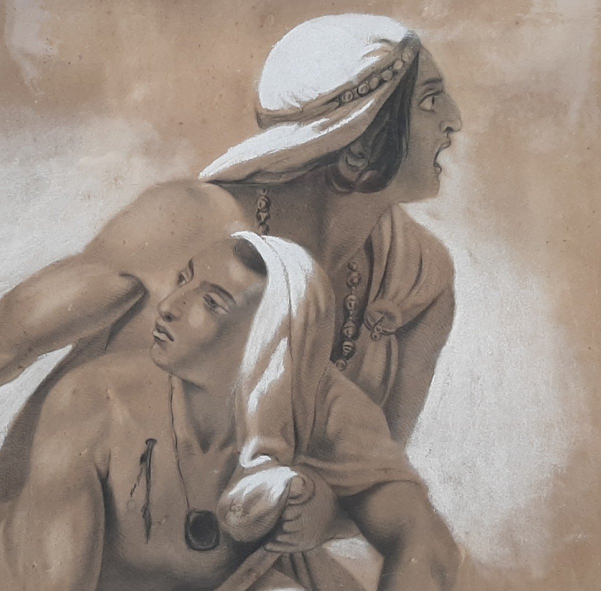 Orientalist Drawing In Charcoal/pastel - Berber Warriors After Horace Vernet - Signed And Dated-photo-2