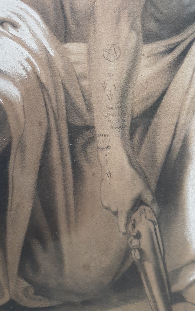 Orientalist Drawing In Charcoal/pastel - Berber Warriors After Horace Vernet - Signed And Dated-photo-3