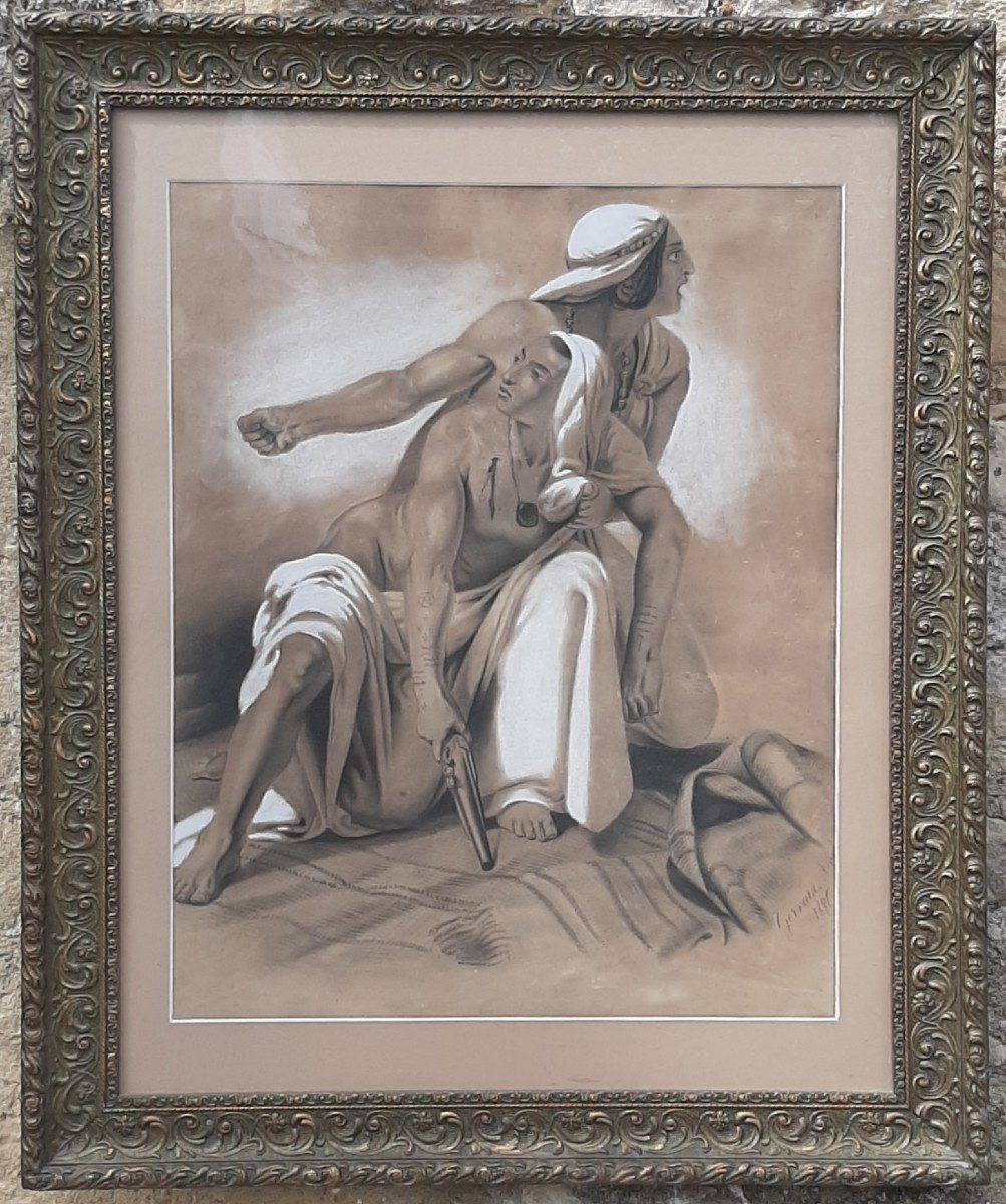 Orientalist Drawing In Charcoal/pastel - Berber Warriors After Horace Vernet - Signed And Dated