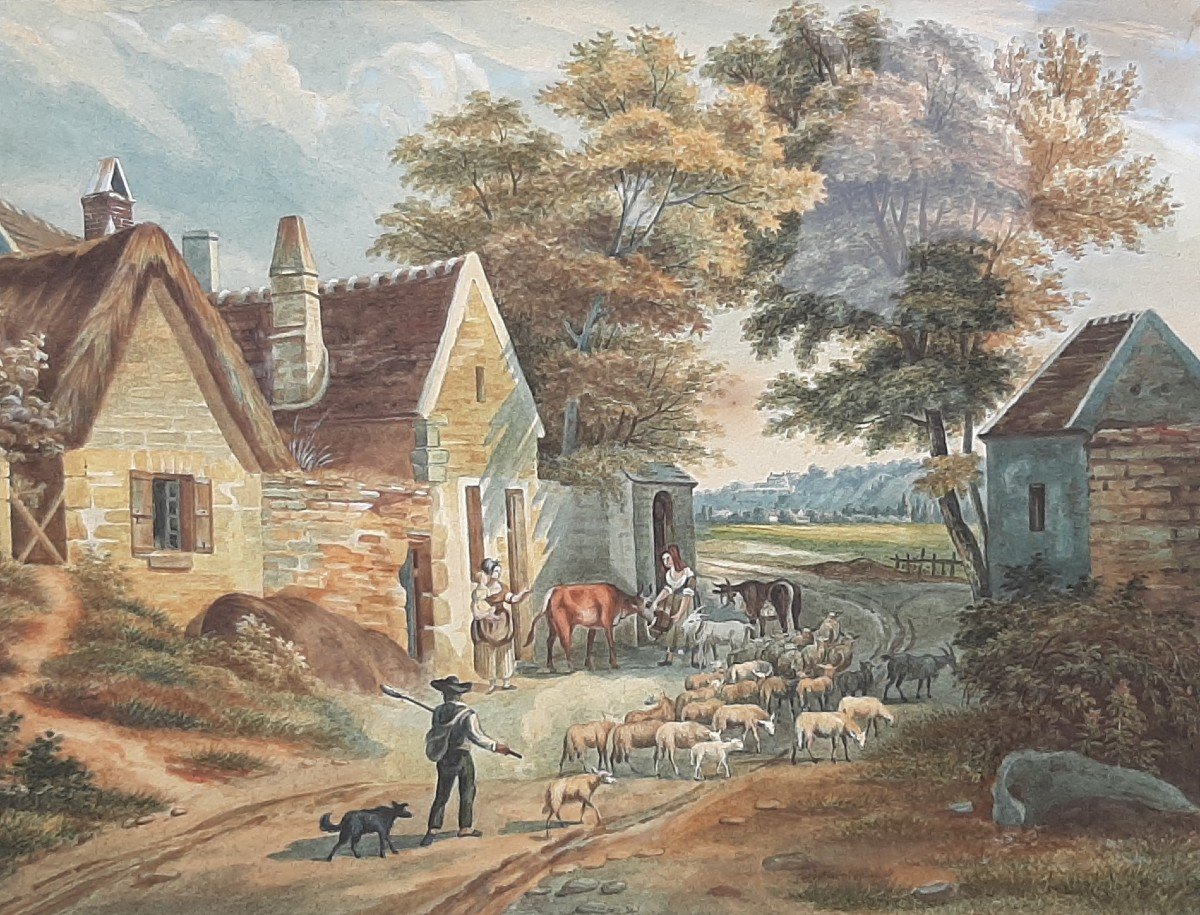 Gouache Paysage Romantique - Début XIX° Siècle - Signée-photo-3