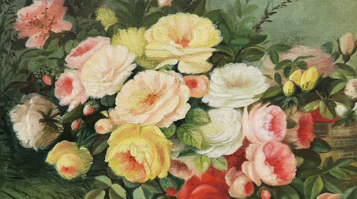 Tableau Fin XIX° - Massif de roses dans un jardin avec des Papillons-photo-2