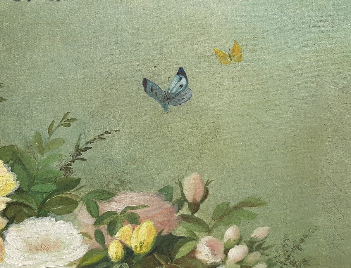 Tableau Fin XIX° - Massif de roses dans un jardin avec des Papillons-photo-3