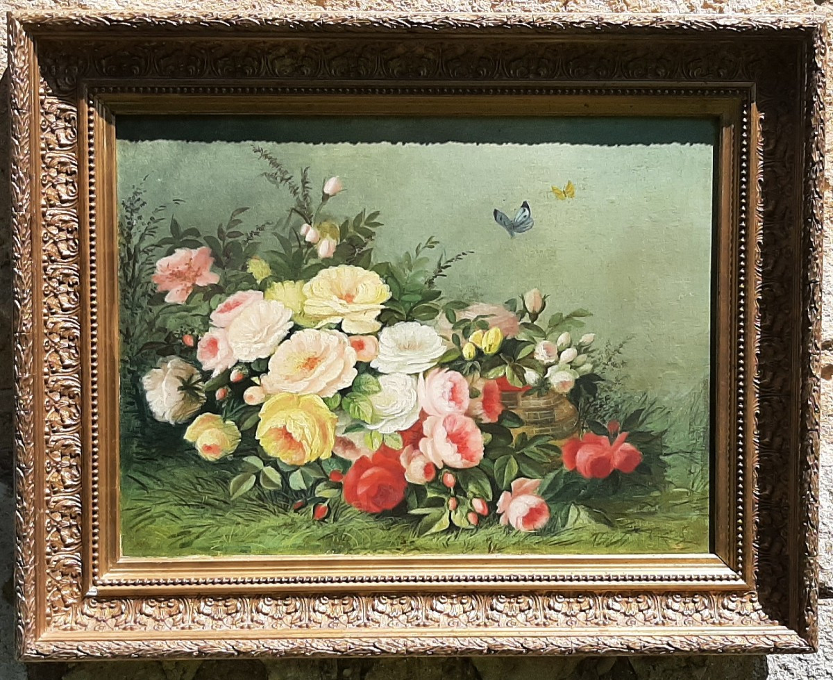 Tableau Fin XIX° - Massif de roses dans un jardin avec des Papillons-photo-1