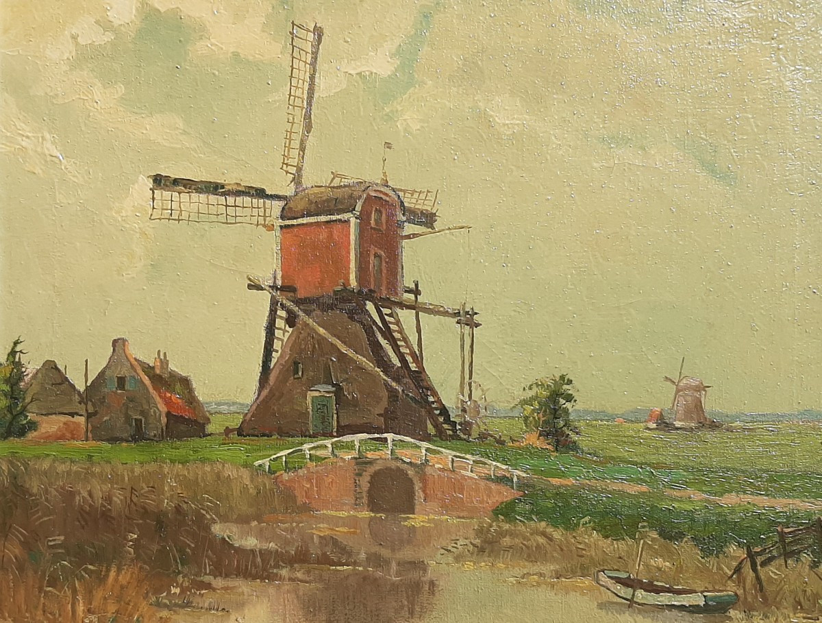 Tableau Paysage Flamand XXème siècle Signé H.Bakker-photo-2