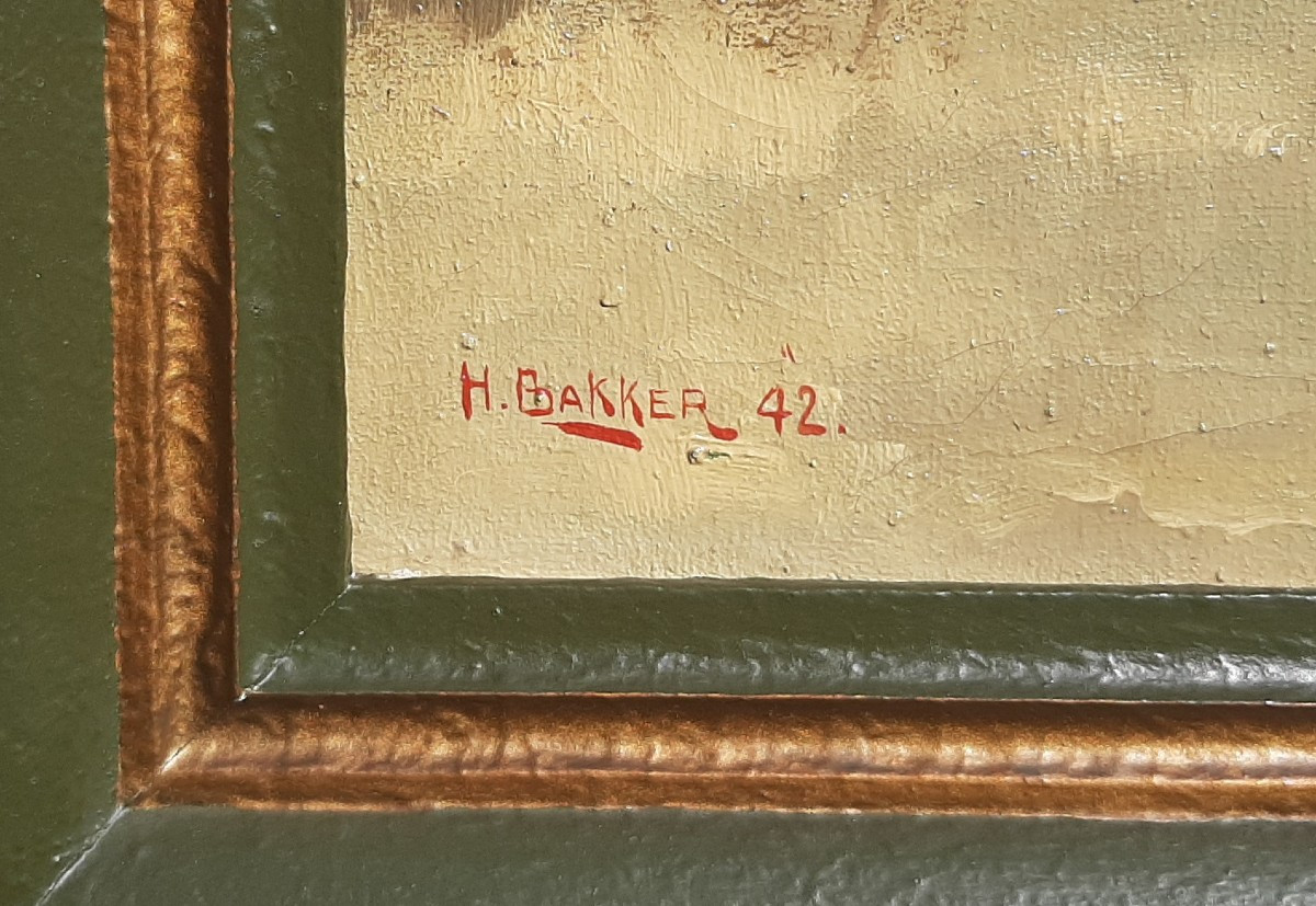 Tableau Paysage Flamand XXème siècle Signé H.Bakker-photo-3