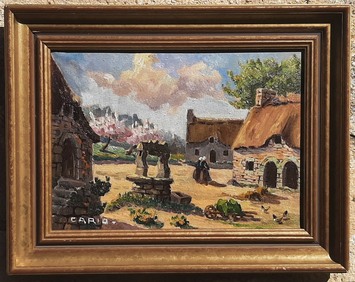Animated Painting Breton Farm Landscape 20th Century - Signed Cario