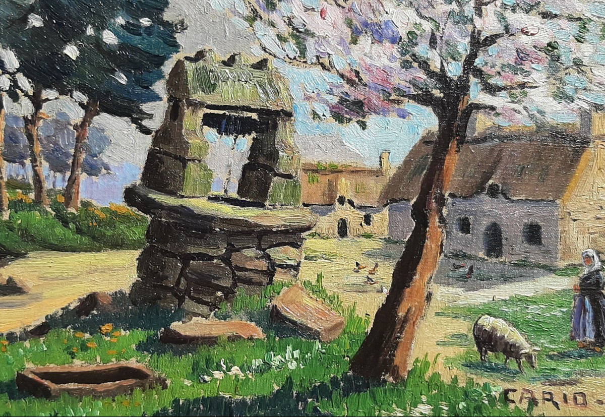 Painting Breton Landscape Farmyard With Well - Signed Cario-photo-2