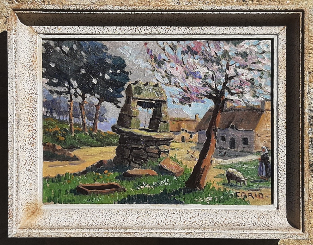 Painting Breton Landscape Farmyard With Well - Signed Cario