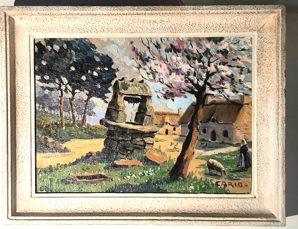 Painting Breton Landscape Farmyard With Well - Signed Cario