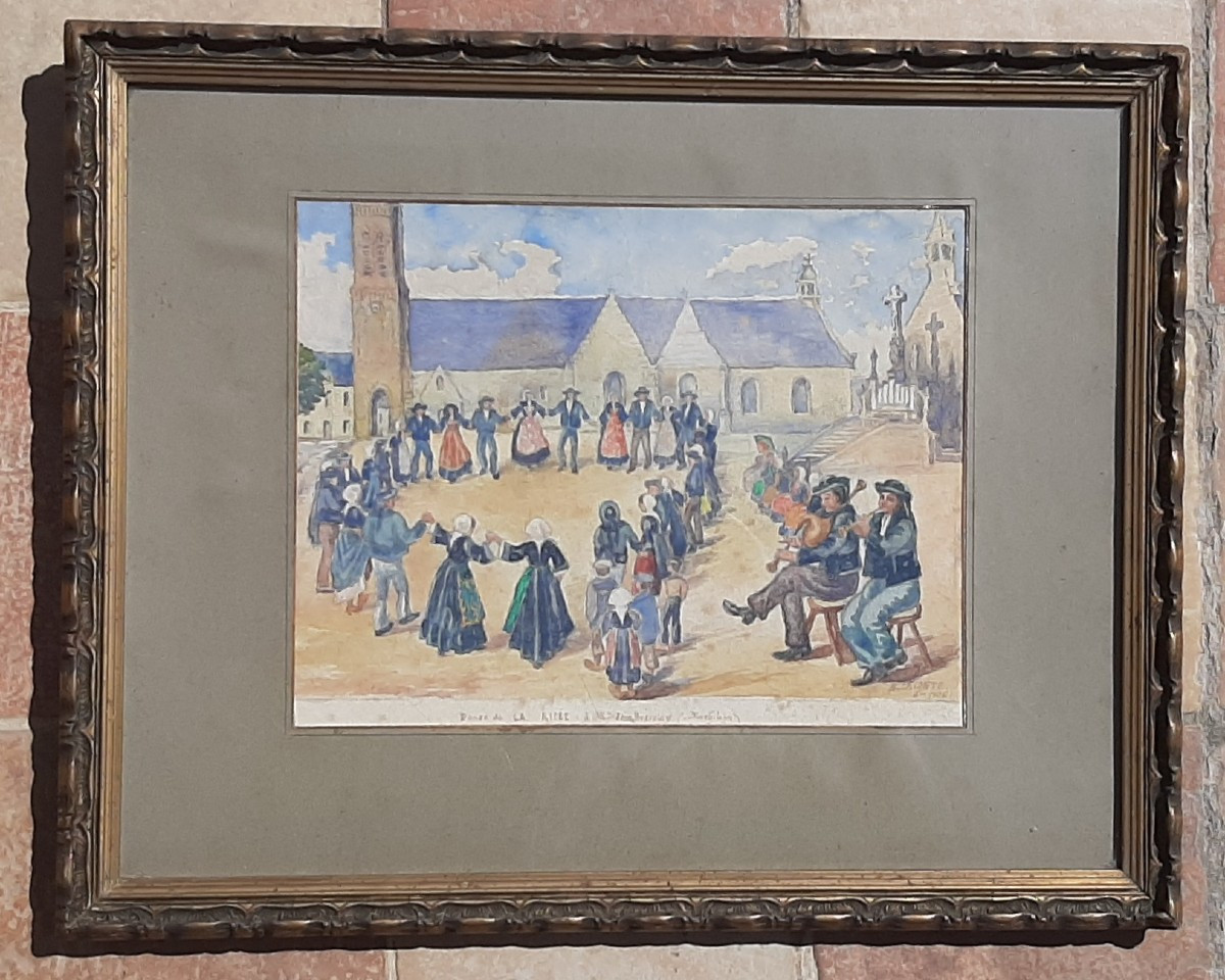 Watercolor Painting Breton Feast XXth Century Signed B.leconte 1926-photo-2