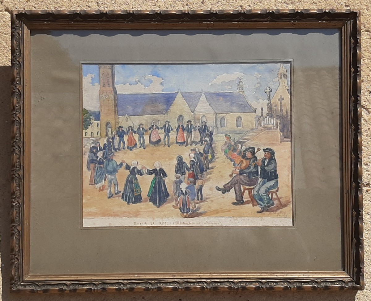 Watercolor Painting Breton Feast XXth Century Signed B.leconte 1926