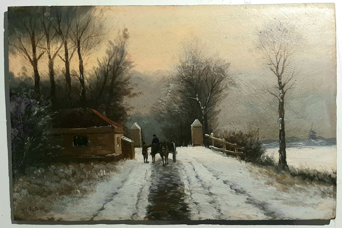 Tableau paysage d'hiver- Charrette sous la neige fin XIX°siècle signé
