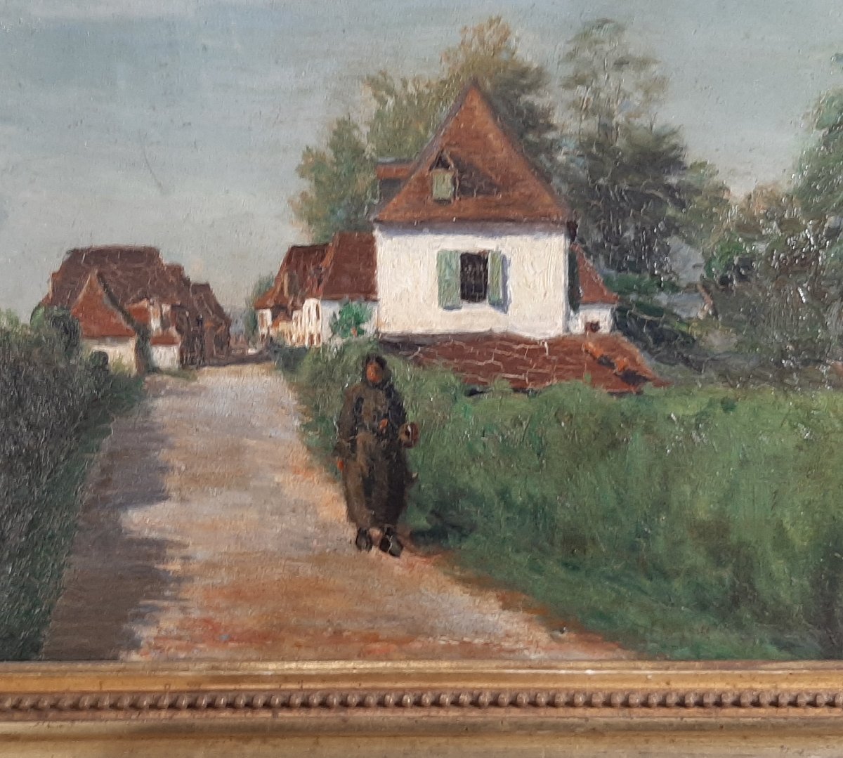Tableau paysage - Personnage sur un chemin à l'entrée d'un village vers 1900-photo-2