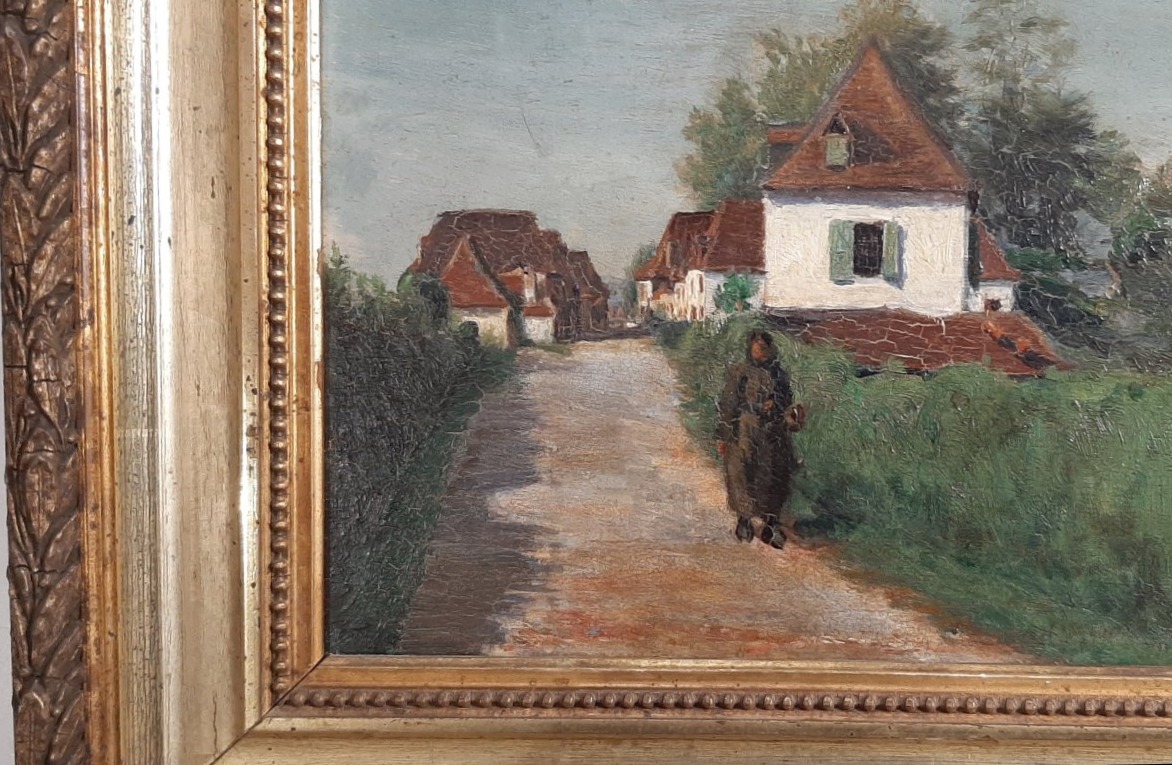 Tableau paysage - Personnage sur un chemin à l'entrée d'un village vers 1900-photo-3