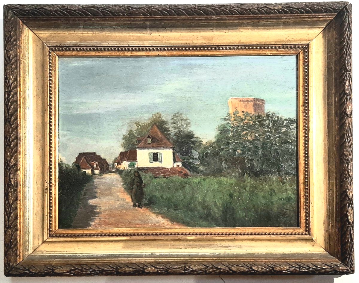 Tableau paysage - Personnage sur un chemin à l'entrée d'un village vers 1900