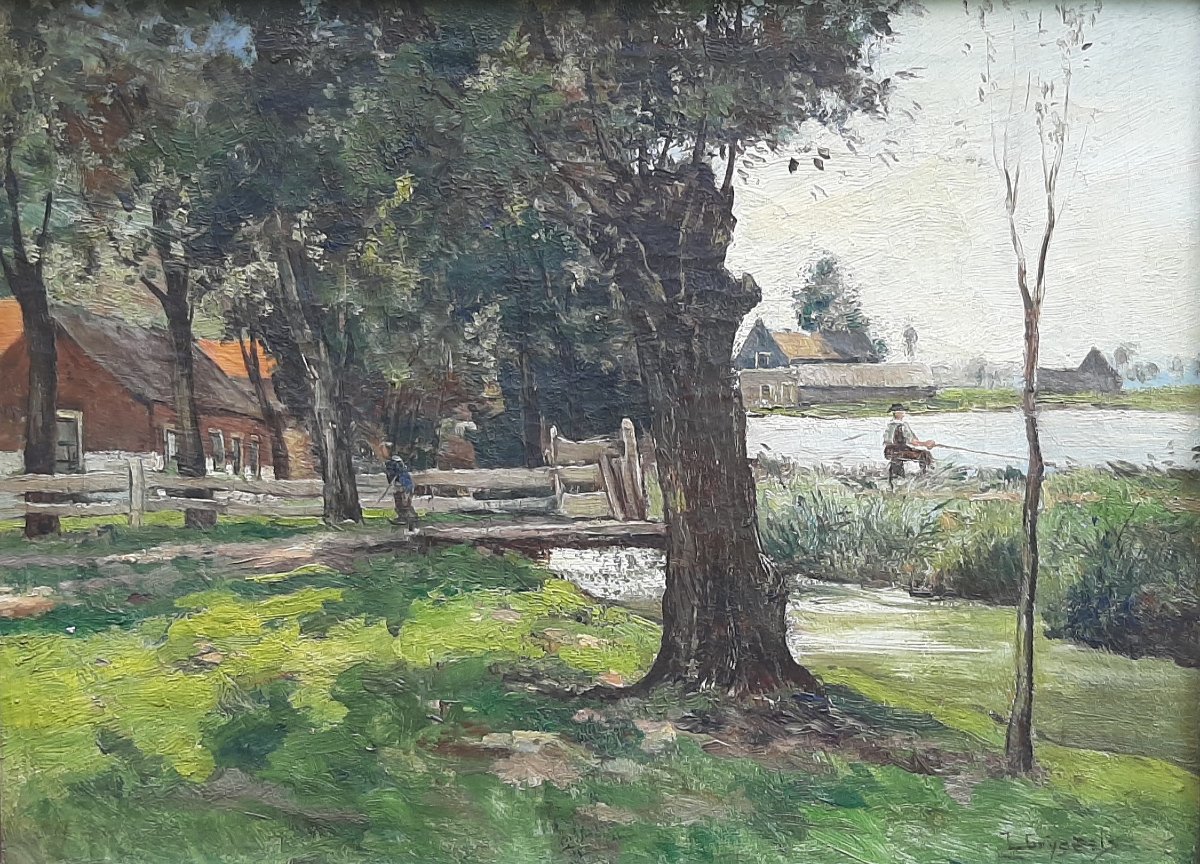 Impressionist Landscape Painting - Lakeside With Fisherman - Late 19th Century-photo-2