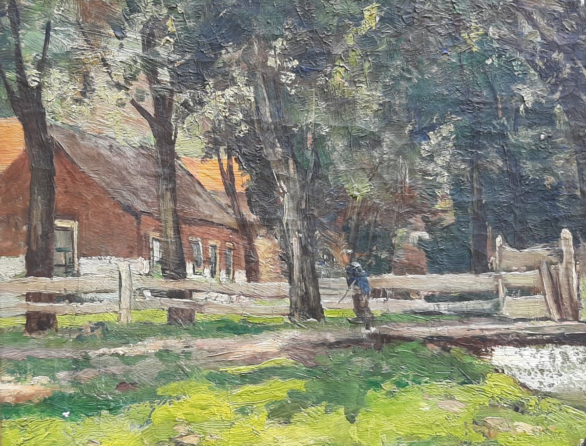 Impressionist Landscape Painting - Lakeside With Fisherman - Late 19th Century-photo-3