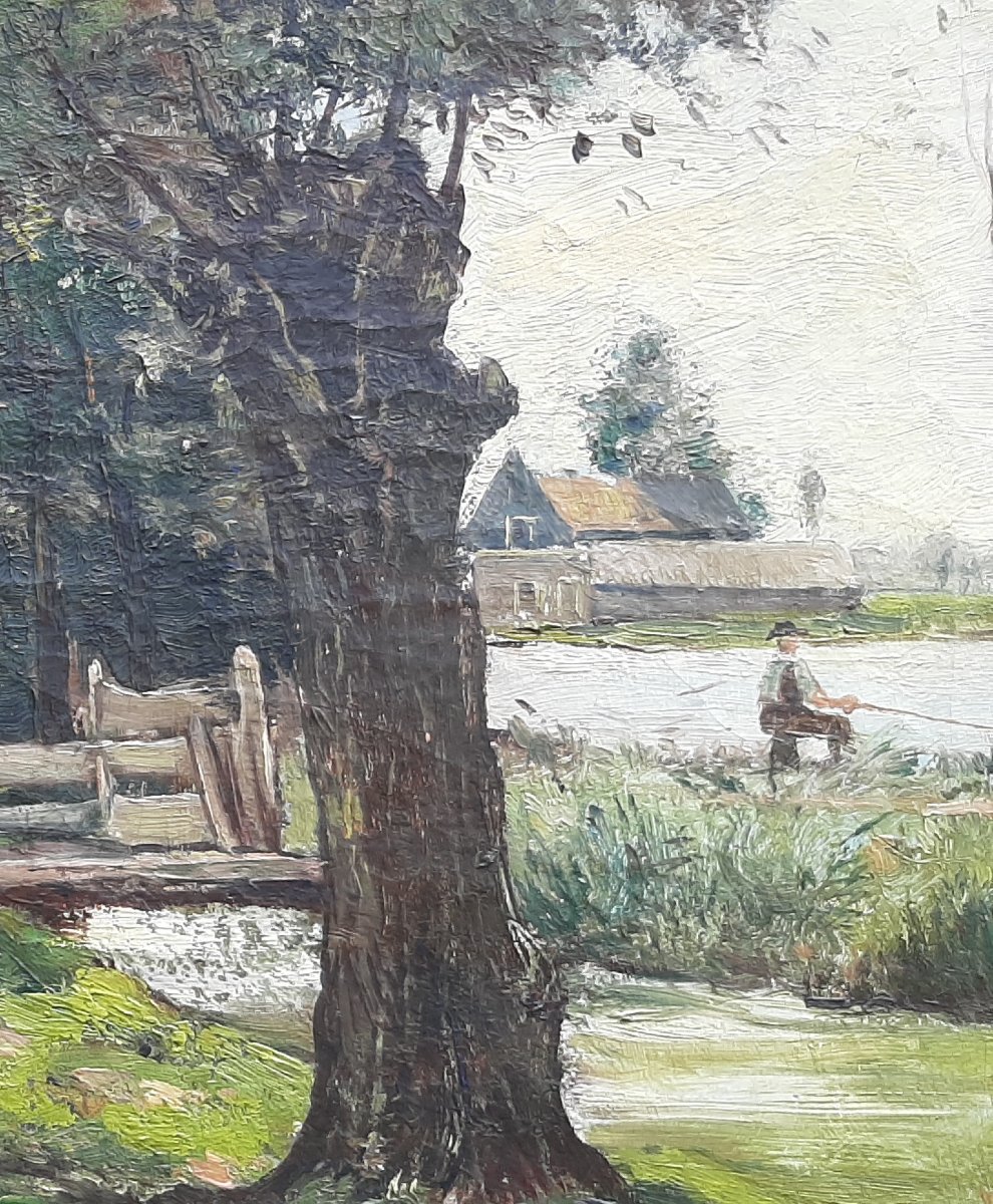 Impressionist Landscape Painting - Lakeside With Fisherman - Late 19th Century-photo-4