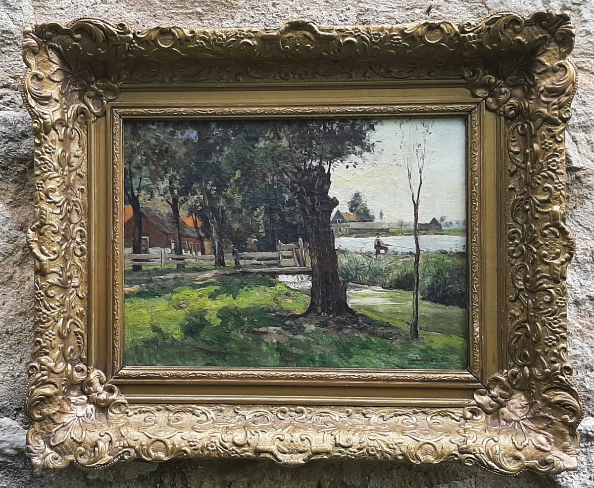 Impressionist Landscape Painting - Lakeside With Fisherman - Late 19th Century
