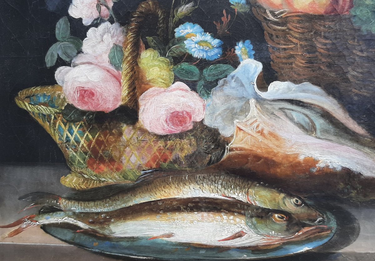 Tableau nature morte au poissons XIX° siècle signé et daté Guillaumet 1848-photo-3