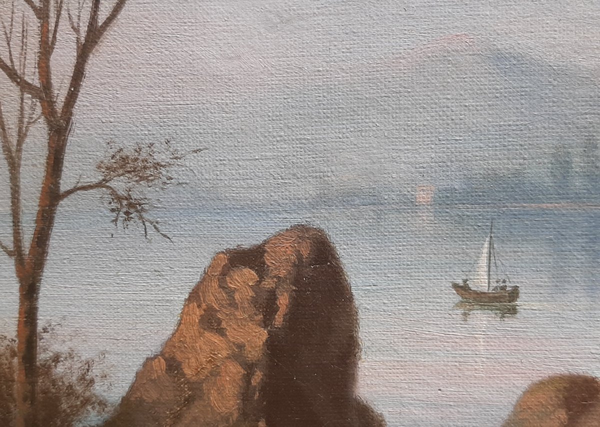 19th Century Lakeside Landscape Painting Signed F.julio-photo-1
