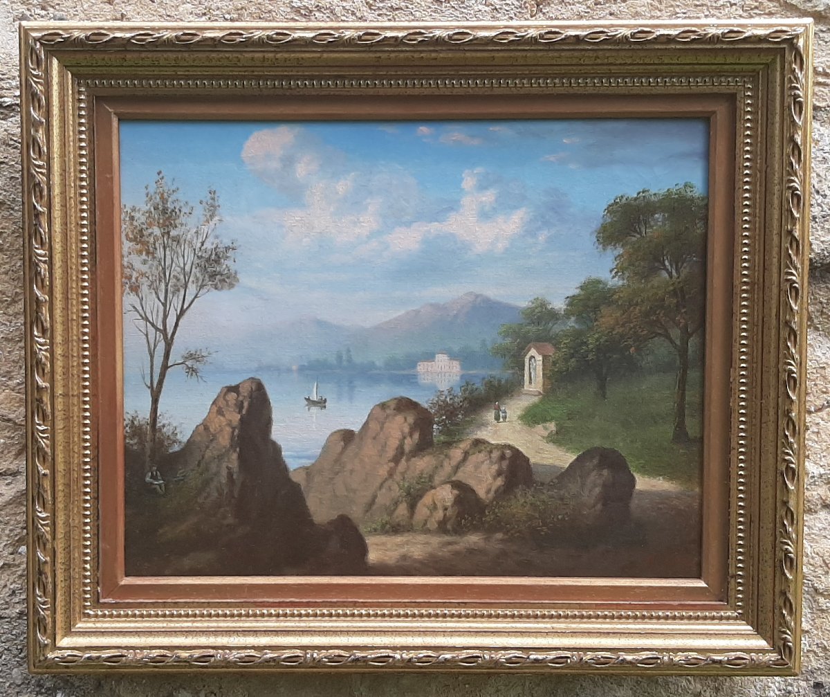19th Century Lakeside Landscape Painting Signed F.julio